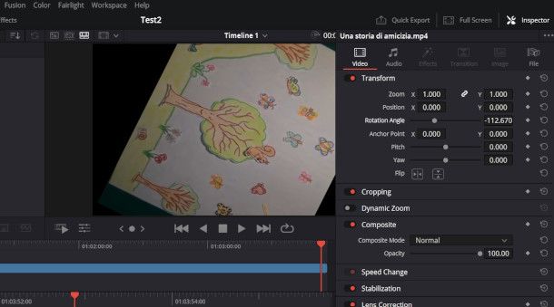 rotazione di un video su DaVinci Resolve