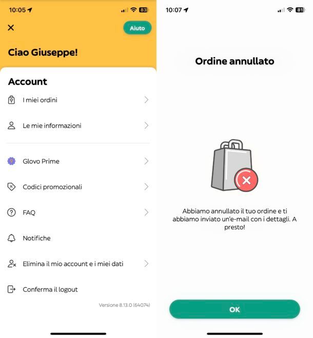 Come annullare ordine Glovo