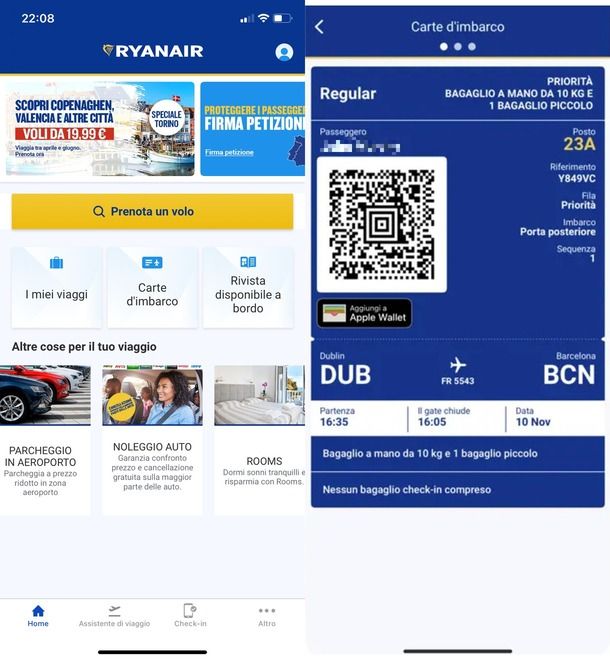 Biglietto Ryanair su Apple Wallet