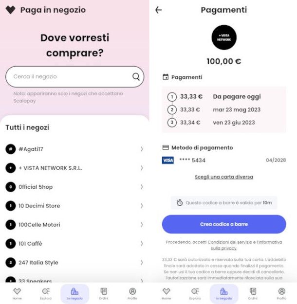 funzione paga in negozio app Scalapay