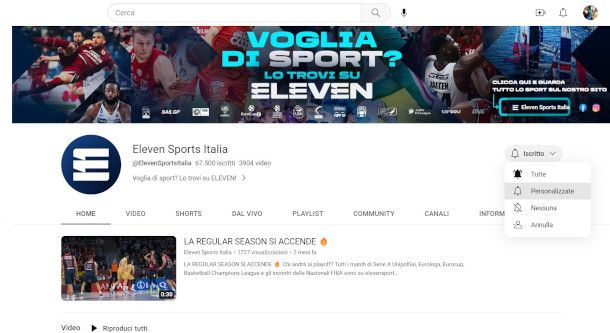annullamento iscrizione canale Eleven Sports su YouTube da Web
