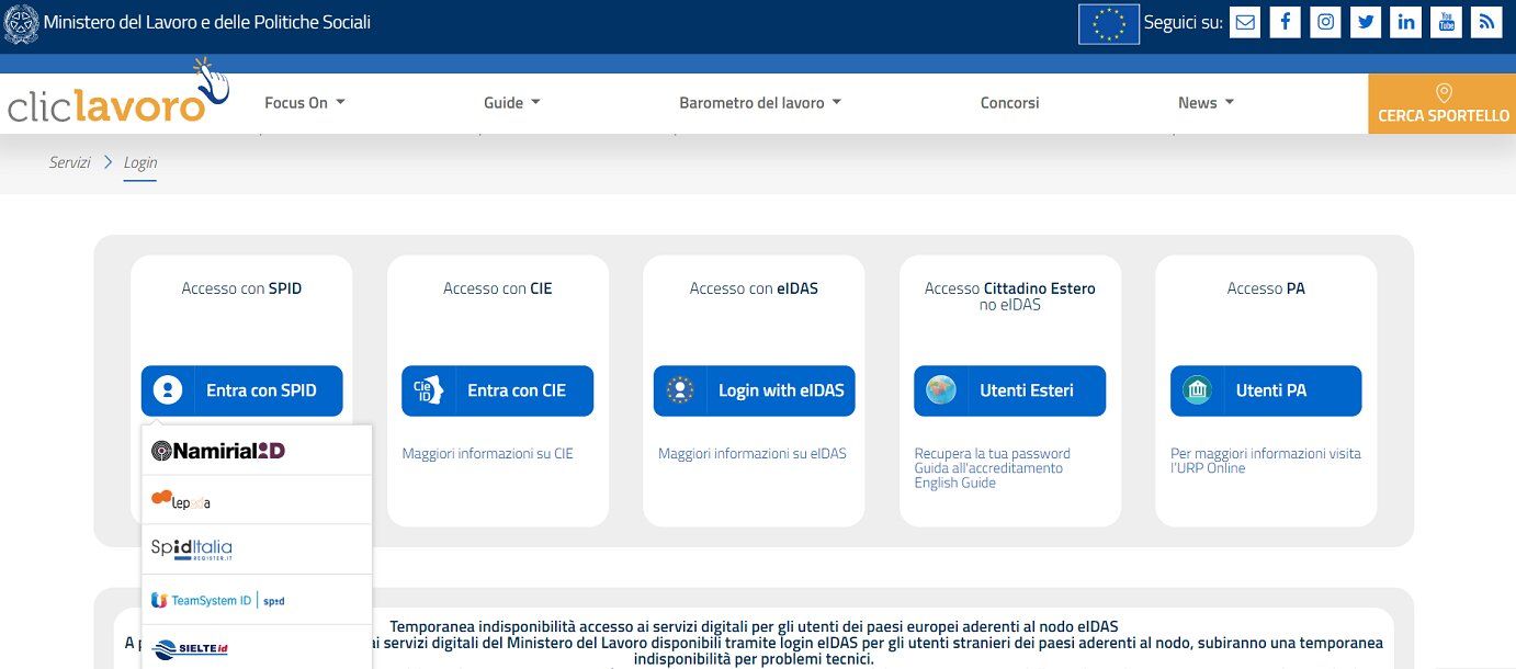 Accesso con SPID per il sito ClicLavoro