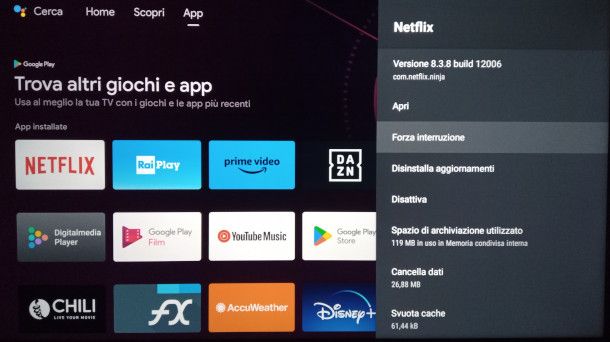 forzare interruzione app Netflix su Android TV