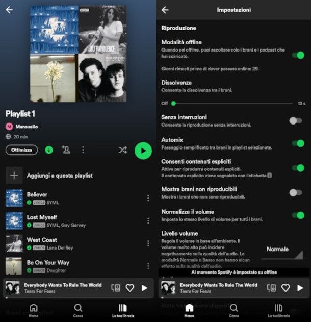 impostazioni ascolto musica offline su app Spotify