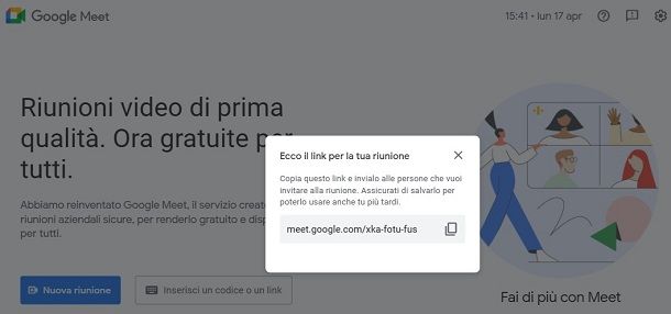 Come creare link riunione su Meet