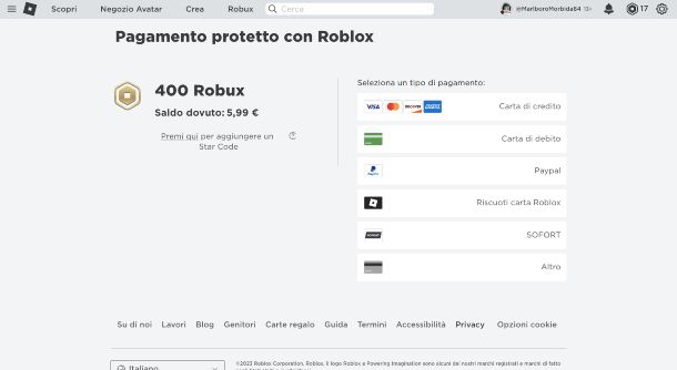 Acquisto Robux su roblox