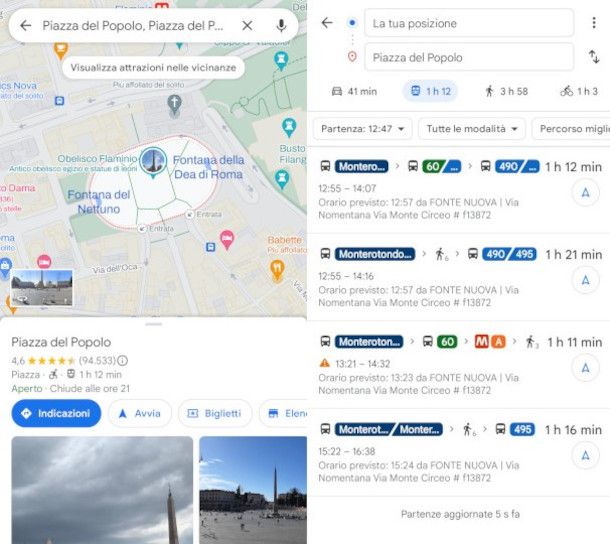 schermate Google Maps itinerari con mezzi pubblici