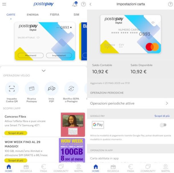 Visualizzazione codici Postepay Digital su app Postepay