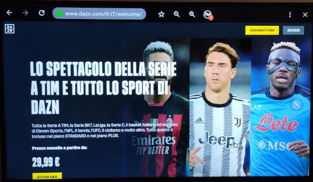 home page DAZN su browser smart TV