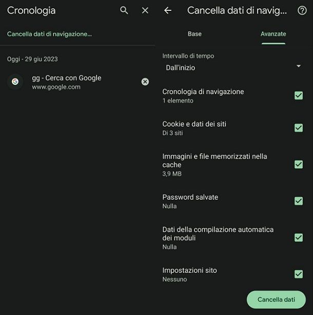 Cancellare cookie Android Chrome
