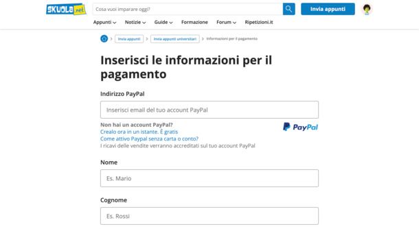 Informazioni di pagamento (Skuola.net)