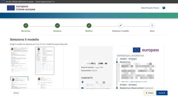 Selezione modello CV Europass