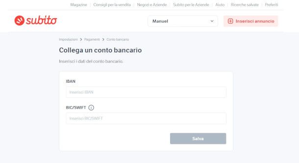 collegare un conto bancario da sito Subito.it