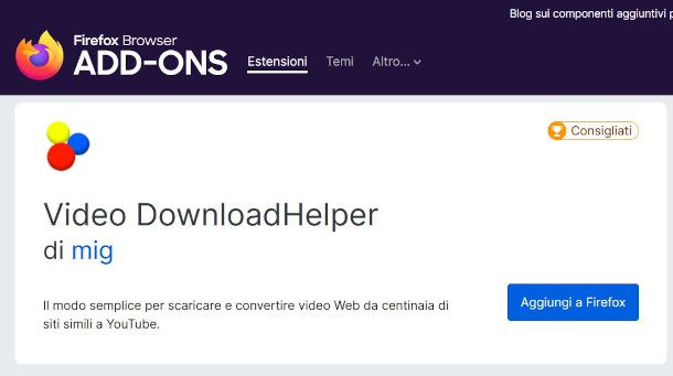 pagina dell'estensioen VideoDownload Helper su Mozilla Web Store