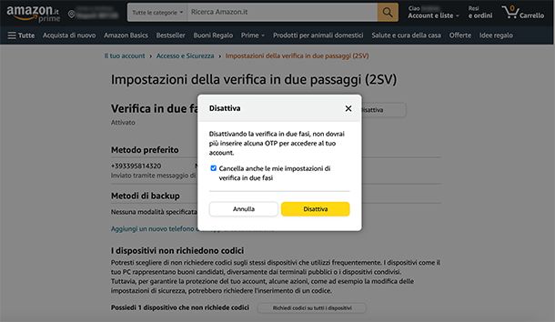 Come togliere autenticazione a due fattori Amazon