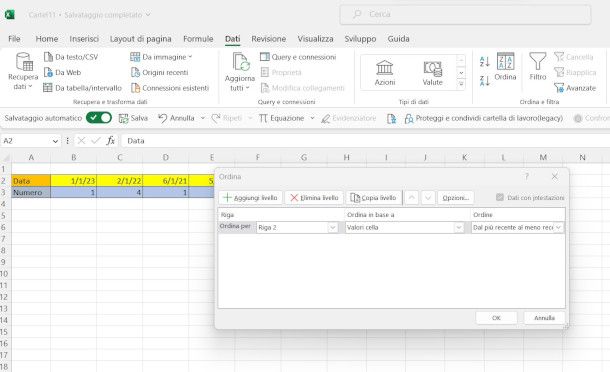 ordinare per data su Excel in base alle righe