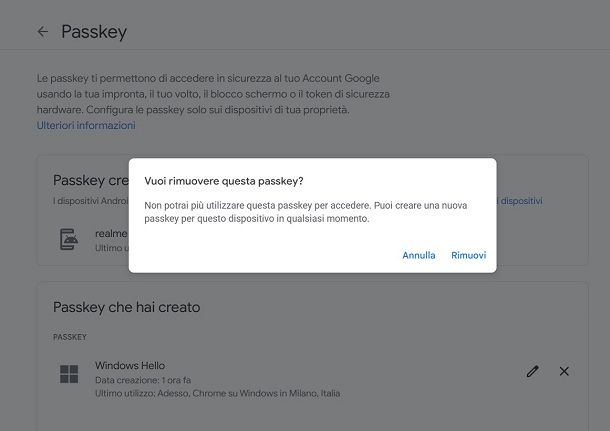 Come rimuovere una Passkey