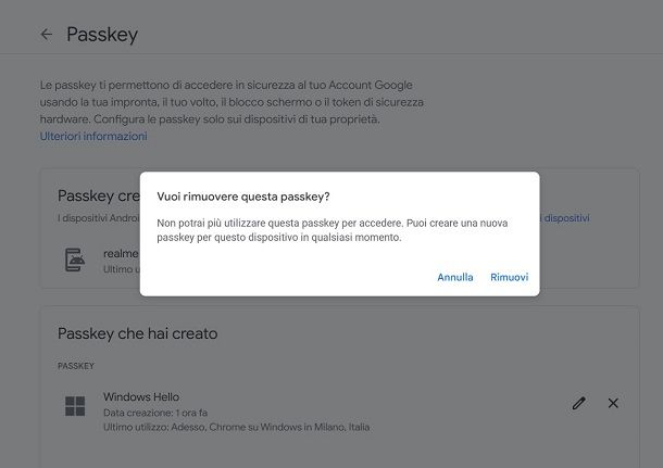 Come rimuovere una Passkey