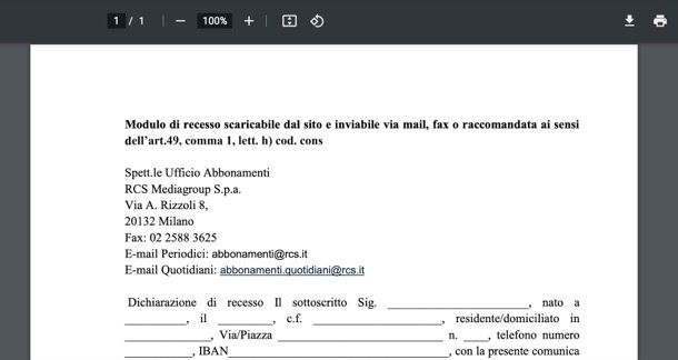 Modulo per recesso Corriere della Sera cartaceo