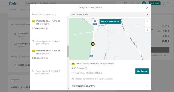 selezione punto di ritiro Poste su sito Vinted