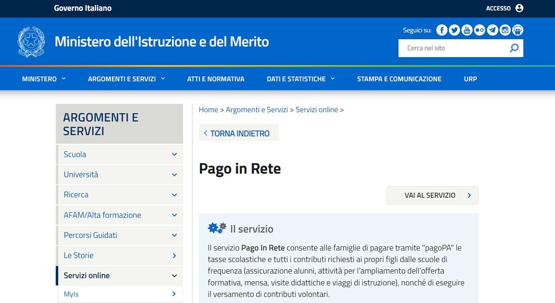 Pagina principale del sito Internet Pago in Rete