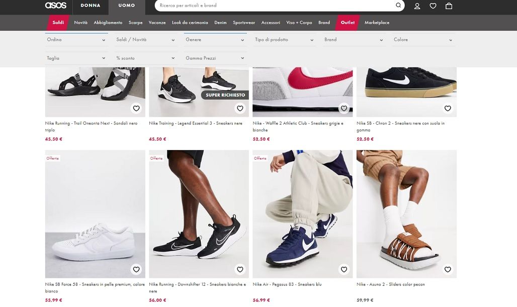 Lista scarpe Nike sul sito Asos
