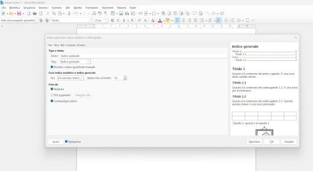 Impostazione indice LibreOffice Writer