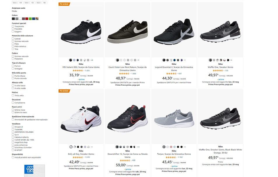 Lista scarpe Nike sul sito Amazon