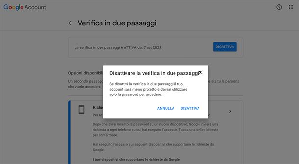 Come togliere autenticazione a due fattori Google