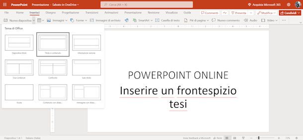 Inserire frontespizio PowerPoint Online