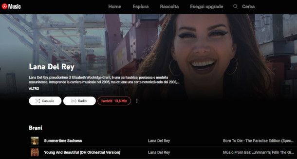 Interfaccia Web YouTube Music