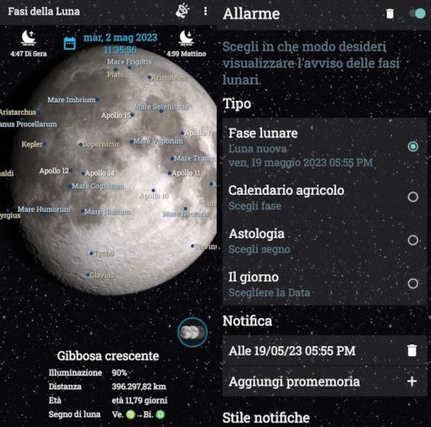 schermate app Fasi della Luna