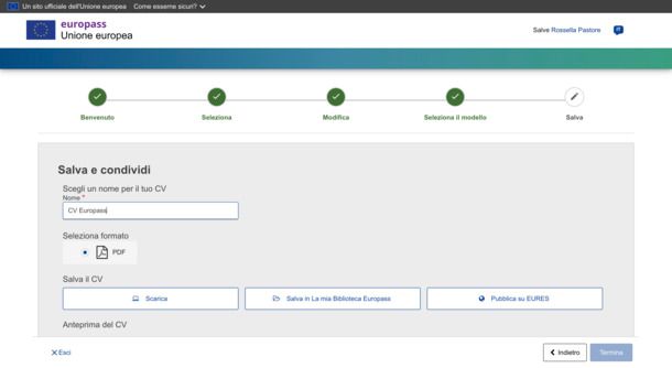 Salvataggio CV Europass modificato