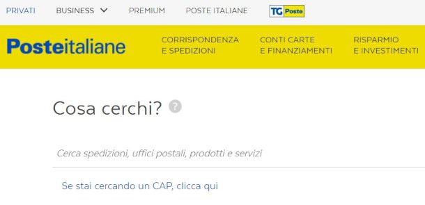 funzione di ricerca spedizione sito Poste Italiane