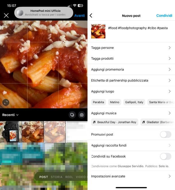 Pubblicare foto cibo su Instagram