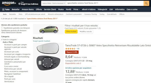 funzione filtro per veicolo su sito Amazon