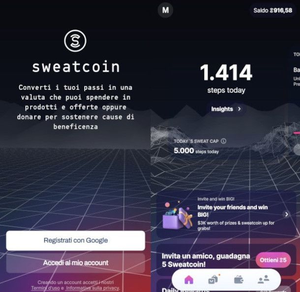 iscrizione e schermata principale app Sweatcoin