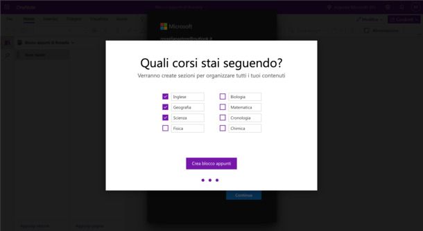 Selezione corsi OneNote