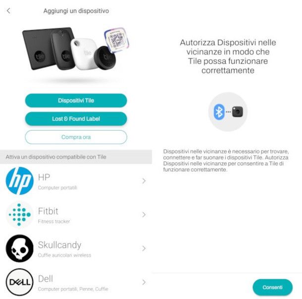 aggiunta dispositivo su app Tile
