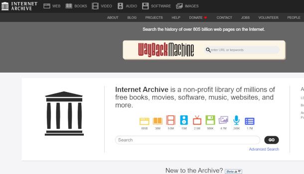 Home page sito Internet Archive