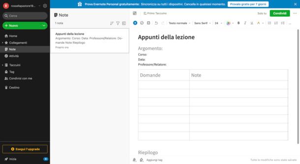 Appunti della lezione su Evernote