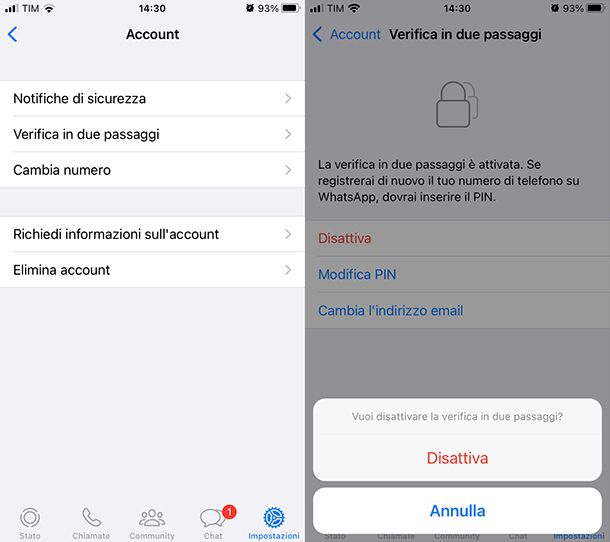 Come togliere autenticazione a due fattori WhatsApp