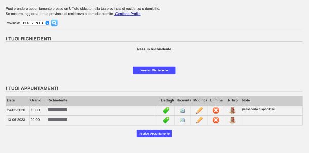 Passaporti Online, sezione Appuntamenti