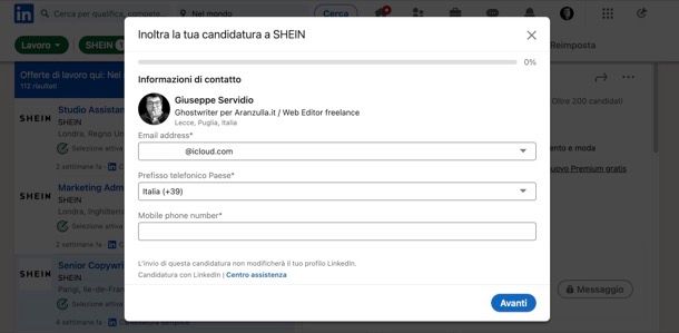 Candidarsi posizione SHEIN su LinkedIn