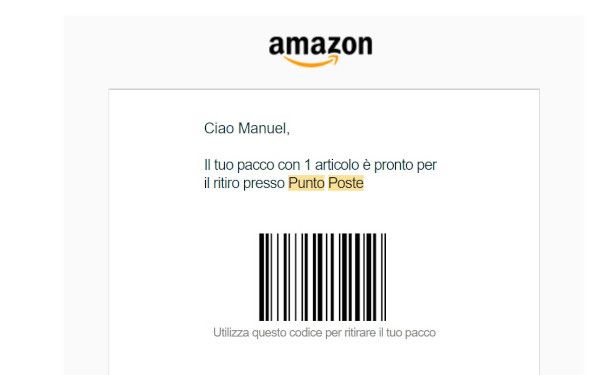email notifica ritiro pacco Amazon