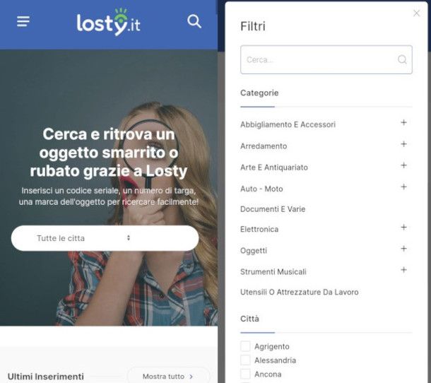 ricerca oggetto su app Losty