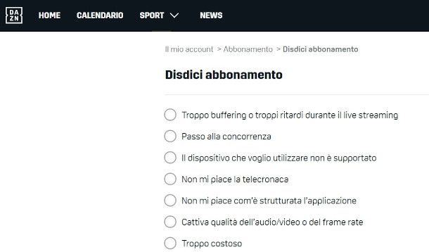 disdetta DAZN da sito