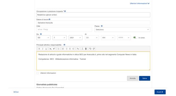 Modifica esperienza lavorativa CV Europass