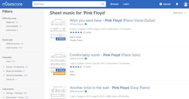 pagina dei risultati sito MuseScore