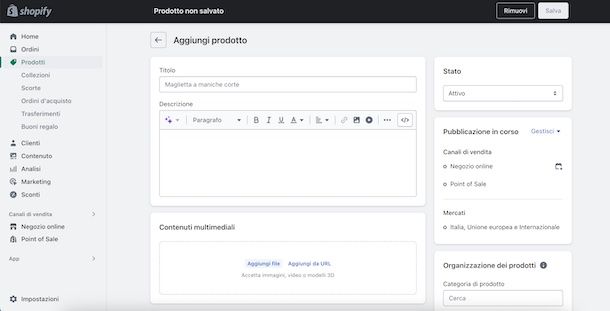 Inserire i prodotti in Shopify